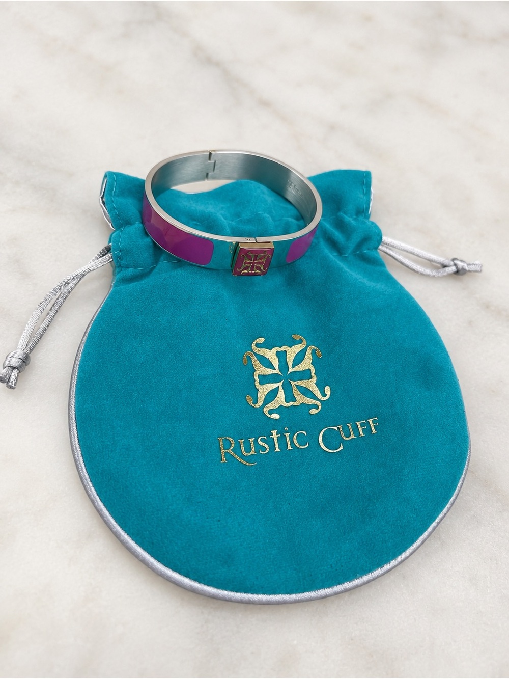Rustic Cuff Purple Enamel Silver Tone Hinged Bangle Bracelet Gold Logo w/ Pouch